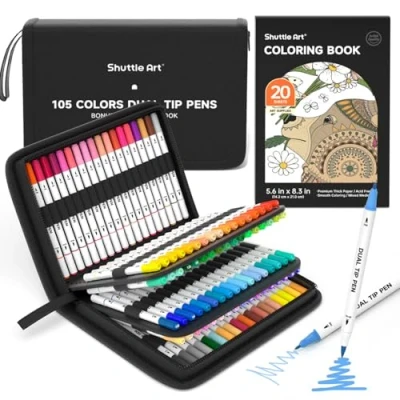 Imagen de Shuttle Art Rotuladores Lettering, 105 Colores Doble Punta con 1 Libro para Colorear, Pincel Estuche, Acuarelables Caligrafía Colorear Garabatear