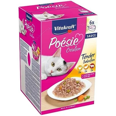 Imagen de Vitakraft Poésie Création, Tender Selection, comida húmeda para gatos, en salsa, con carne, alimento húmedo gatos adultos, sin azúcares añadidos ni cereales, formato pack (1 de 6 x 85g)