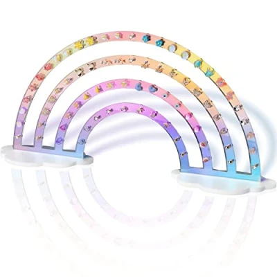 Imagen de NiHome soporte para aretes iridiscentes de 74 agujeros exhibición arco iris, organizador plástico transparente acrílico niñas y mujeres