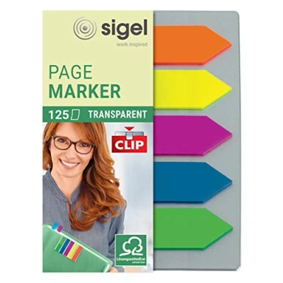 Imagen de SIGEL HN611 Marcapáginas, cinta de filme transparente y adhesivos con funda clip 125 flechas 50x12 mm, 5 colores