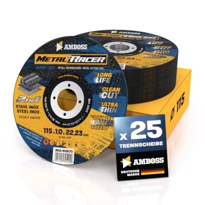 Imagen de 25 discos de corte Metal 115 x 1 22,23 mm diámetro. El disco Racer by AMBOSS WERKZEUGE es adecuado para acero y inoxidable, acero/acero