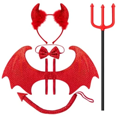 Imagen de Spooktacular Creations 5 Pieces Halloween Devil Costume Set with Red Wings, Pitchfork, Bow Tie, Sequin Horn Headband, and Tail Demon Accessories for Cosplay Party
