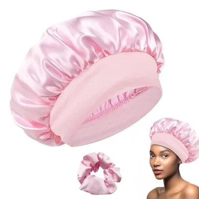 Imagen de Gorro de Satén Con Elásticos Para El Pelo, Seda Dormir, Saten Pelo Rizado, Dormir Protección Rosa