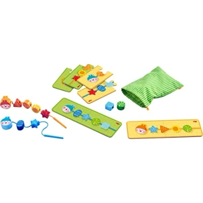Imagen de HABA 304653 Threading game caterpillar, 4 double sided task cards and 10 wooden pieces, with idea for 2 children, ages 18 months up (Made in Germany)