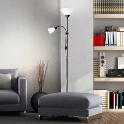 Imagen de Lightbox uplighter 1,8 m de altura lámpara pie negra con brazo lectura regulable 1x E27 máx. 60 W &amp; 1 x E14 25 aluminio/plástico en negro/blanco