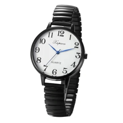 Imagen de JewelryWe Reloj Analógico Elástico Mujer: de Cuarzo Redondo Negro Correa Extensible Acero Inoxidable Escala Números Arábigos Grandes Clara Fácil Leer para Ocio Negocios Regalos
