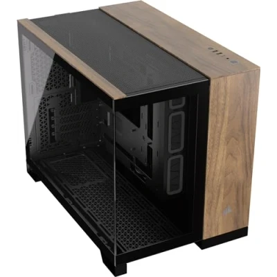 Imagen de CORSAIR 2500X Pequeña Torre mATX Caja de PC Doble Cámara Cristal Templado Panorámico Conexión Inversa Compatible con Placa Base Sin Ventiladores Incluidos Negro/Madera Nogal