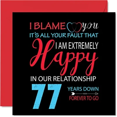 Imagen de Divertida Tarjeta de 77 aniversario para marido y esposa Your Fault I&#039;m Extremely Happy felicitación boda pareja, tarjetas 145 mm x
