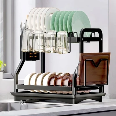 Imagen de ZHHGOO Escurreplatos De 2 Niveles Negro,Escurreplatos Platos Inoxidable con Desagüe,Escurreplatos Bandeja Goteo,Soporte para Tablas Cortar Cesta Cubiertos,Escurre Armarios