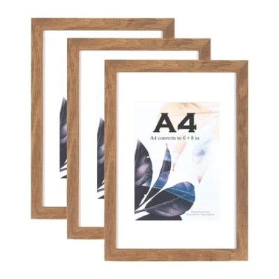 Imagen de marco de fotos madera marrón A4 con soporte, juego 3, A4, póster certificado independiente y montado en la pared