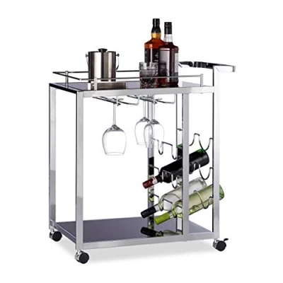 Imagen de Relaxdays Camarera Baron para Cocina con Botellero 6 Botellas, Metal y Cristal, Negro, 75 x 40 70 cm, Acero