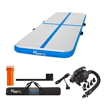 Imagen de KM Fit Airtrack Esterilla hinchable de 10 cm alto, 4 m, incluye bolsa transporte, bomba aire eléctrica y juego parches, resistente a los rayos UV, color azul