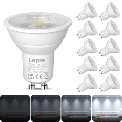 Imagen de Lepro Bombilla LED GU10 Regulable, Luz Blanca Fría 6500K, 345 lúmen, 4,5W Equivalente a 50W, Larga Duración y Bajo Consumo, Ángulo de Haz 38, Regulable 220 240 V, Paquete 10