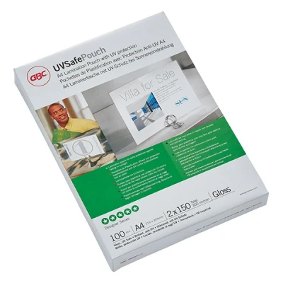 Imagen de GBC IB611032 Pack de 100 carteras plástico A4 micras brillo, resistentes a UV, para laminación, 2 x 150 micrones