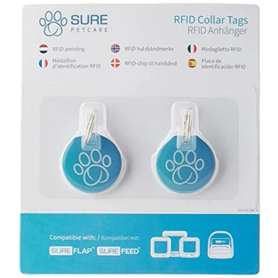 Imagen de 2 placas de identificación RFID Sure Petcare, compatibles con las gateras y puertas mascotas SureFlap lector microchip, comederos SureFeed Connect Felaqua Connect.