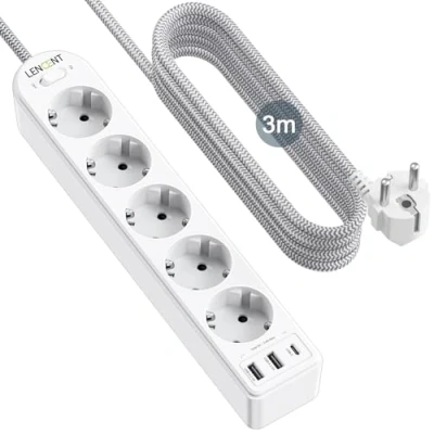 Imagen de LENCENT 8 en 1 Regleta Enchufes de 5 Tomas Corrientes y 2 USB A C, 4000W Base Multiple con Interruptor, Protección contra Sobrecargas, Montaje Pared Cable 3M
