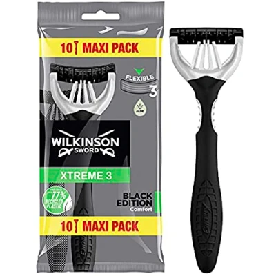 Imagen de Wilkinson Sword Xtreme 3 Black Edition Pack De 10 Maquinillas Desechables hojas con Cabezal Flexible Tecnología Comfort Protección Afeitado Total