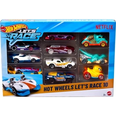Imagen de Hot Wheels Wheels, ¡a correr! Pack de 10 vehículos y camiones, conjunto juguete a escala 1:64 inspirados en la serie animada Netflix para jugar exhibir, JGN40