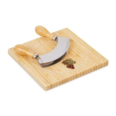 Imagen de Relaxdays Cuchillo Media Luna con Tabla Corte Cuadrada 20x20cm, Tajadera Dos Hojas, Picahierbas Acero, Natural y Plata, Inoxidable