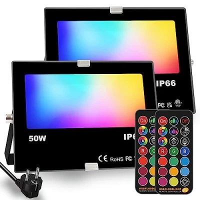 Imagen de Foco LED RGB Exterior, cambio de color 50W, modo estroboscópico personalizado para bricolaje, 12 colores, temporización, control remoto incluido, IP66 a prueba agua