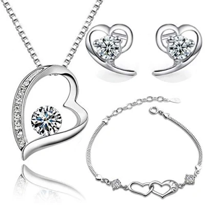 Imagen de Crystalline Azuria Mujer 18ct Chapado en Oro Blanco Corazón Juego de joyas Cristales Zirconia Collar con Colgante 45 cm Pendientes Pulsera