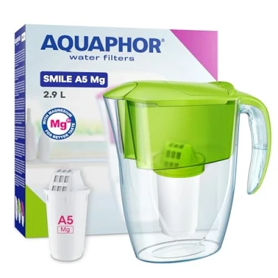 Imagen de AQUAPHOR Jarra Filtrante Smile 2,9L, Ideal para Puertas de Frigorífico, Ligera y Compacta, Incluye Filtro A5 350L con Magnesio, Reduce Cal, Cloro Microplásticos Verde