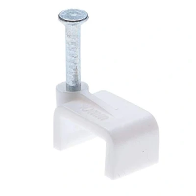 Imagen de Clips de Cable Plano 100 Piezas Abrazadera 10mm para Grapas con Clavos Acero Incorporados pared Eléctrico Oficina/Hogar Compatible Cat 5 5e, 6 6a, 7 6P4C 8P8C RJ11 RJ45