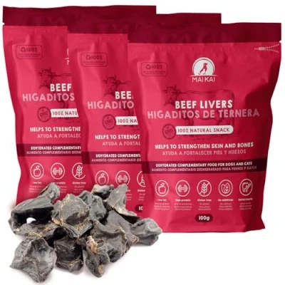 Imagen de MAIKAI Higaditos de Ternera Deshidratados Pack 3 x 100 g Chuches para Perros y Gatos Snacks 100% Naturales Dieta Barf Premios Cachorros