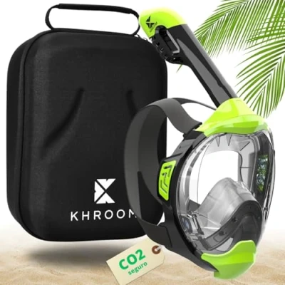Imagen de Khroom máscara de esnórquel para adultos Y niños Seaview Sin problemas CO2 completa snorkeling Equipo snorkel con integral S/M Verde Neón+Case