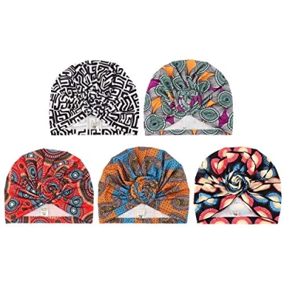 Imagen de DRESHOW 5 Piezas Africano Turbante para Mujer Gorro de Nudo Pre Atado Suave Pañuelo Cabeza Plisada Moda Gorra Dormi