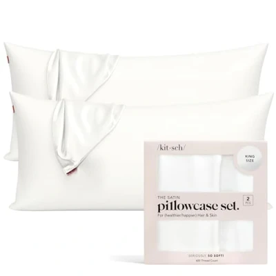 Imagen de Kitsch Funda de Almohada refrescante 100% satén con Cremallera, más Suave Que la Seda, Ideal para el Cabello y Piel (King, 2 Paquetes, Marfil)
