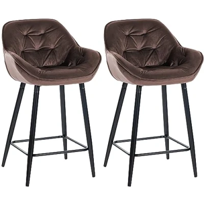 Imagen de CLP Set De 2 Taburetes Bar Gibson 76 En Terciopelo I Sillas Altas Cocina con Reposapiés &amp; Base Metálica, Color:marrón