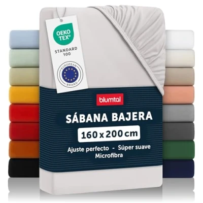 Imagen de Blumtal Basics Sábana Bajera Ajustable de Microfibra Cepillada para colchón 25 27 cm Altura, Cama 160: 160 x 200 30cm, Gris Claro Luna