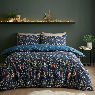 Imagen de Catherine Lansfield Juego de Funda edredón Reversible con Almohada, diseño Animales del crepúsculo Encantado, Color Azul Marino