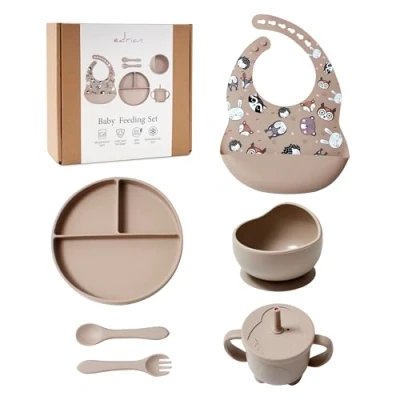 Imagen de Edrian, set juego vajilla Bebe 6 piezas silicona libre de BPA ideal bebes, no toxico plato antideslizante+bol con ventosa+vaso+cubiertos iniciación+babero ajustable recogedor,para regalo,Color Arena