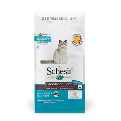 Imagen de Schesir, pienso para Gatos Adultos esterilizados o en sobrepeso, línea Light Sabor Pescado, croquetas Formato Bolsa de 10 kg