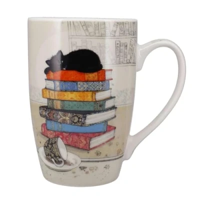 Imagen de KIUB Taza muy grande de porcelana redondeada, diseño gato dormido en libros altura 12 cm capacidad 490 ml caja a juego