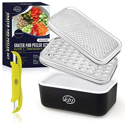 Imagen de KitchenBe1 Rallador de Queso, Recipiente con Tapa y Pelador,Recipiente para Conservar Comida Pies Protectores Goma,Rallador Cocina Perfecto los Amantes las Verduras Frutas,Negro