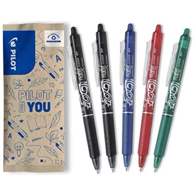 Imagen de PILOT Frixion Clicker Bolígrafo de tinta gel borrable y recargable con mecanismo presión termosensible, juego 5 unidades 2 Negros, 1 Azul, Rojo, Verde Punta Media