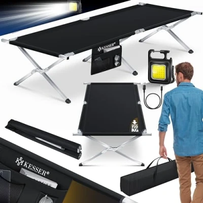 Imagen de KESSER® Cama de Camping Plegable Resistente con Bolsa Transporte, Bolsillo Lateral y Luz 210x73x45cm hasta 150 kg Tubo Metal Tela Oxford 600D Portátil Cómoda Negro