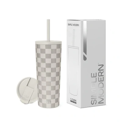 Imagen de Simple Modern Vaso Termico con Pajita y Tapa Taza Termica Café para Llevar Botella Agua de Acero Inoxidable Regalos Mujeres &amp; Hombres Classic 710ml Checkmate