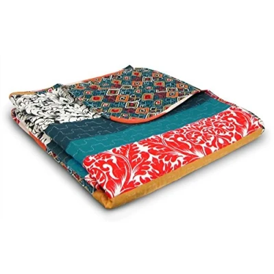 Imagen de Lush Decor Boho Manta Reversible con patrón de Rayas Coloridas y Bohemias, Poliéster Algodón, Turquesa Mandarina, 60 x 50