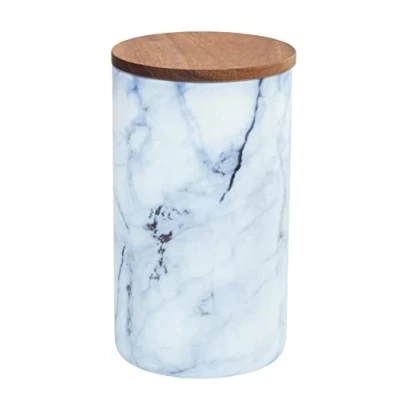 Imagen de WENKO Tarro de Almacenamiento Mio, Vidrio borosilicato con Aspecto mármol en Color Azul/Blanco, Tapa hermética Madera Acacia marrón certificada FSC®, 0,5 L, Ø 11 x 8,5 cm