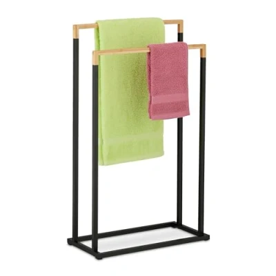 Imagen de Relaxdays Toallero de Pie con 2 Barras en Escalera, Portatoallas Ducha o Mano, Hierro, 76x45x21,5cm, Negro/Natural