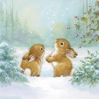 Imagen de 20 Servilletas de Navidad con conejos jugando en la nieve como decoración mesa. papel diseño. También para decoupage y (33 x 33 cm)