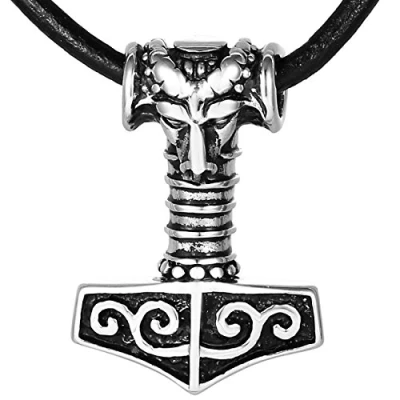 Imagen de DonDon Collar de Cuero con Colgante Martillo Thor Acero Inoxidable para Hombres en Bolsa Joyas