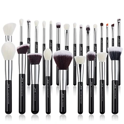 Imagen de Jessup 25pcs set de brochas maquillaje profesional para base en polvo, corrector, sombra ojos, colorete, resaltador, pelo sintético natural (negro/plata)