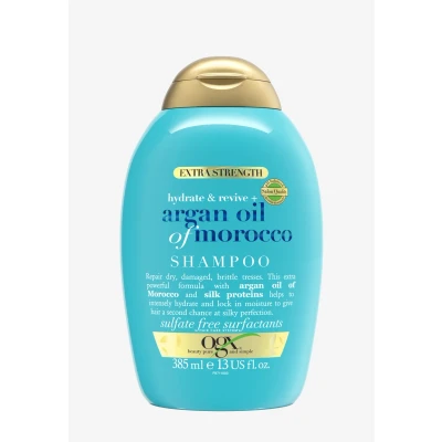 Imagen de OGX Extra Strength Hydrate and Revive Argan Oil of Morocco Shampoo (385 ml), champú con aceite de argán Marruecos, sin sulfatos ni parabenos para cabello seco y dañado