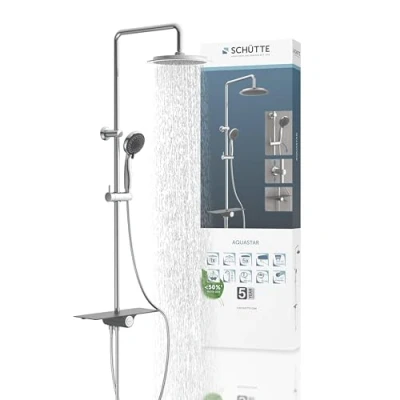 Imagen de SCHÜTTE Aquastar juego de ducha lluvia con estante, sistema 5 posiciones ajustable, columna alcachofa, en cromo/negro