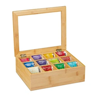 Imagen de Relaxdays Caja, Bambú, 12 Compartimentos, Cajita Infusiones con Ventana, Organizador Bolsas Té 9x28x23 cm, Natural, Plástico